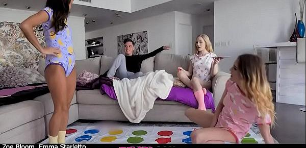 trendsZoe Bloom Natalie Knight Emma Starletto in Pussies And Pajamas. Three teens are having a slumber party before two of them start kissing and making out then Juan joins the party. Foursome in hardcore action ends with cum facial shared.